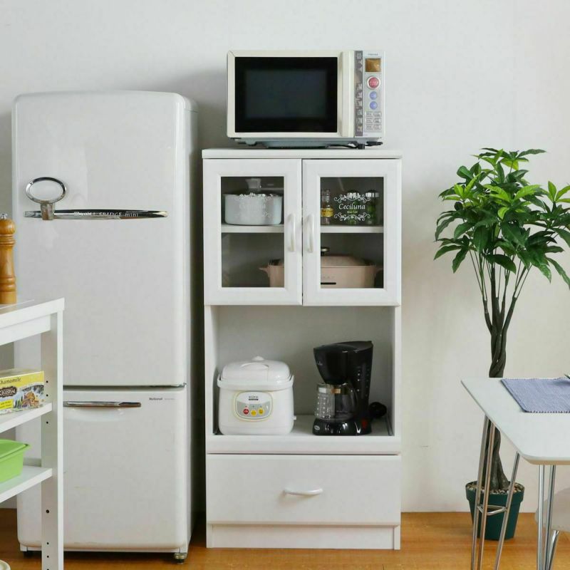 レンジ台 食器棚 幅57cm 高さ116cm ホワイト 白 スライド棚 コンセント付 キッチン収納 デザインロゴ