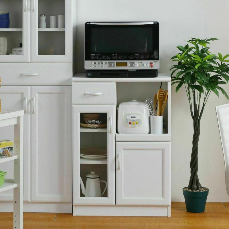 レンジ台 食器棚 幅65cm 高さ91cm ホワイト 白 スライド棚 コンセント付 キッチン収納 デザインロゴ