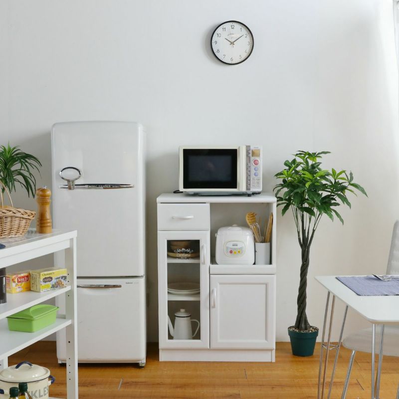 レンジ台 食器棚 幅65cm 高さ91cm ホワイト 白 スライド棚 コンセント付 キッチン収納 デザインロゴ