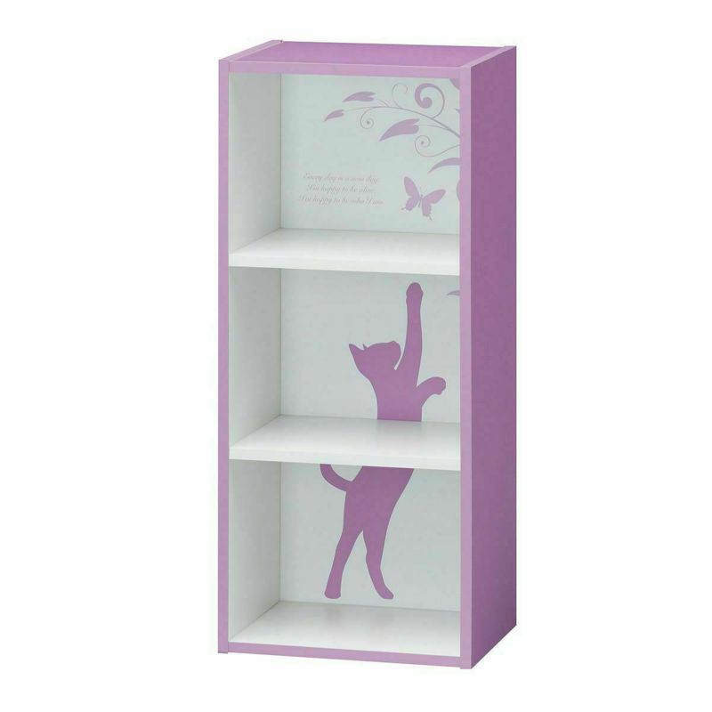国産 カラーボックス 収納棚 幅39cm 高さ90cm パープル 猫 デザイン 組み立て簡単 本棚 整理棚