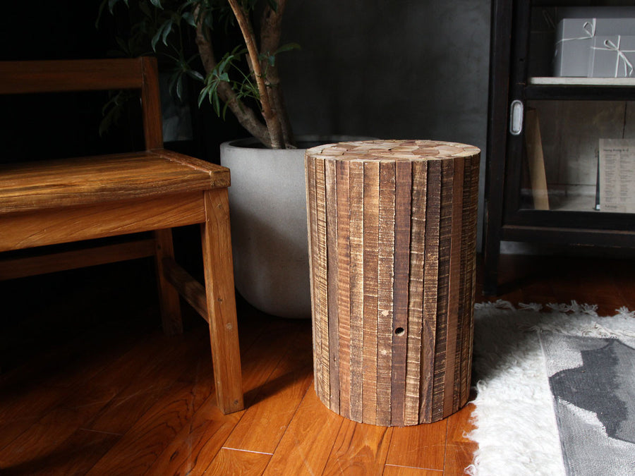 Collected-wood round high stool