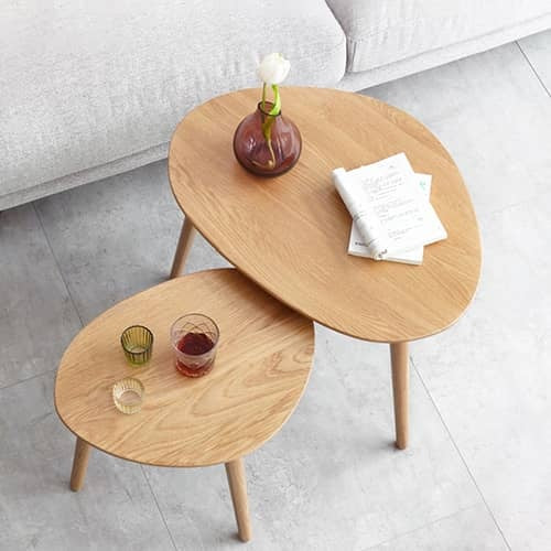 ネストテーブル 天然木オーク無垢材 曲線デザイン