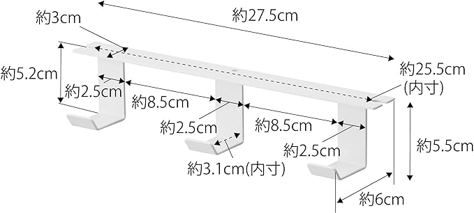 tower デスク下 フック 3連 ホワイト バッグ 収納 小物収納 木ネジ固定